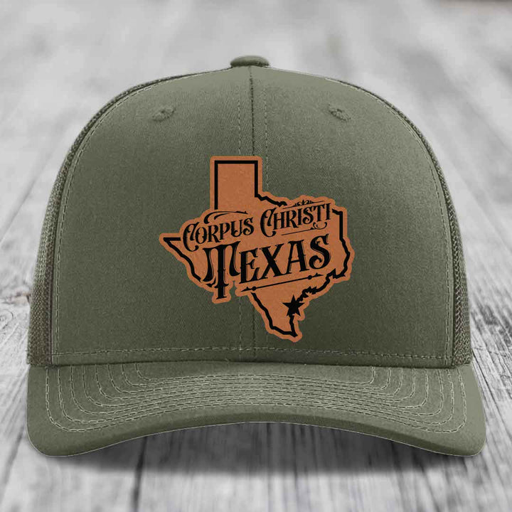 Corpus Christi Texas (Deluxe) - Leather Patch Hat - Rawhide to Black Patch - Richardson 112 Snapback Trucker Hat