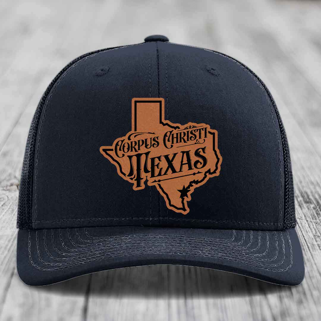 Corpus Christi Texas (Deluxe) - Leather Patch Hat - Rawhide to Black Patch - Richardson 112 Snapback Trucker Hat