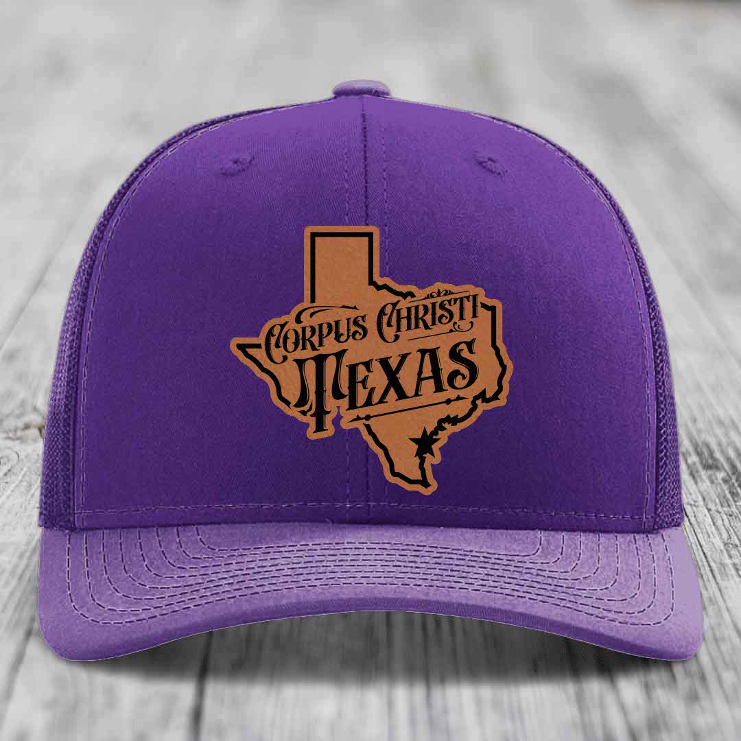 Corpus Christi Texas (Deluxe) - Leather Patch Hat - Rawhide to Black Patch - Richardson 112 Snapback Trucker Hat