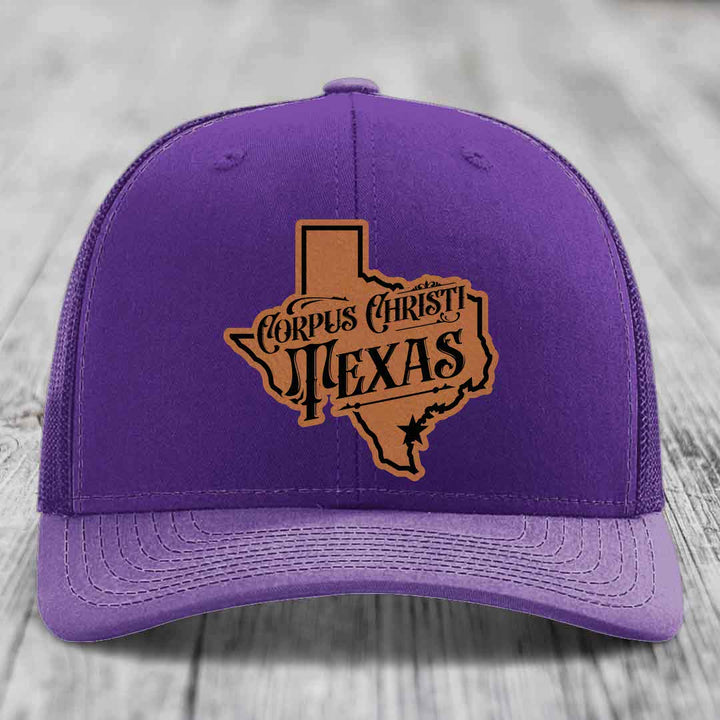 Corpus Christi Texas (Deluxe) - Leather Patch Hat - Rawhide to Black Patch - Richardson 112 Snapback Trucker Hat
