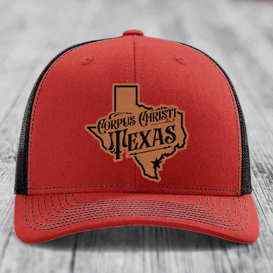 Corpus Christi Texas (Deluxe) - Leather Patch Hat - Rawhide to Black Patch - Richardson 112 Snapback Trucker Hat