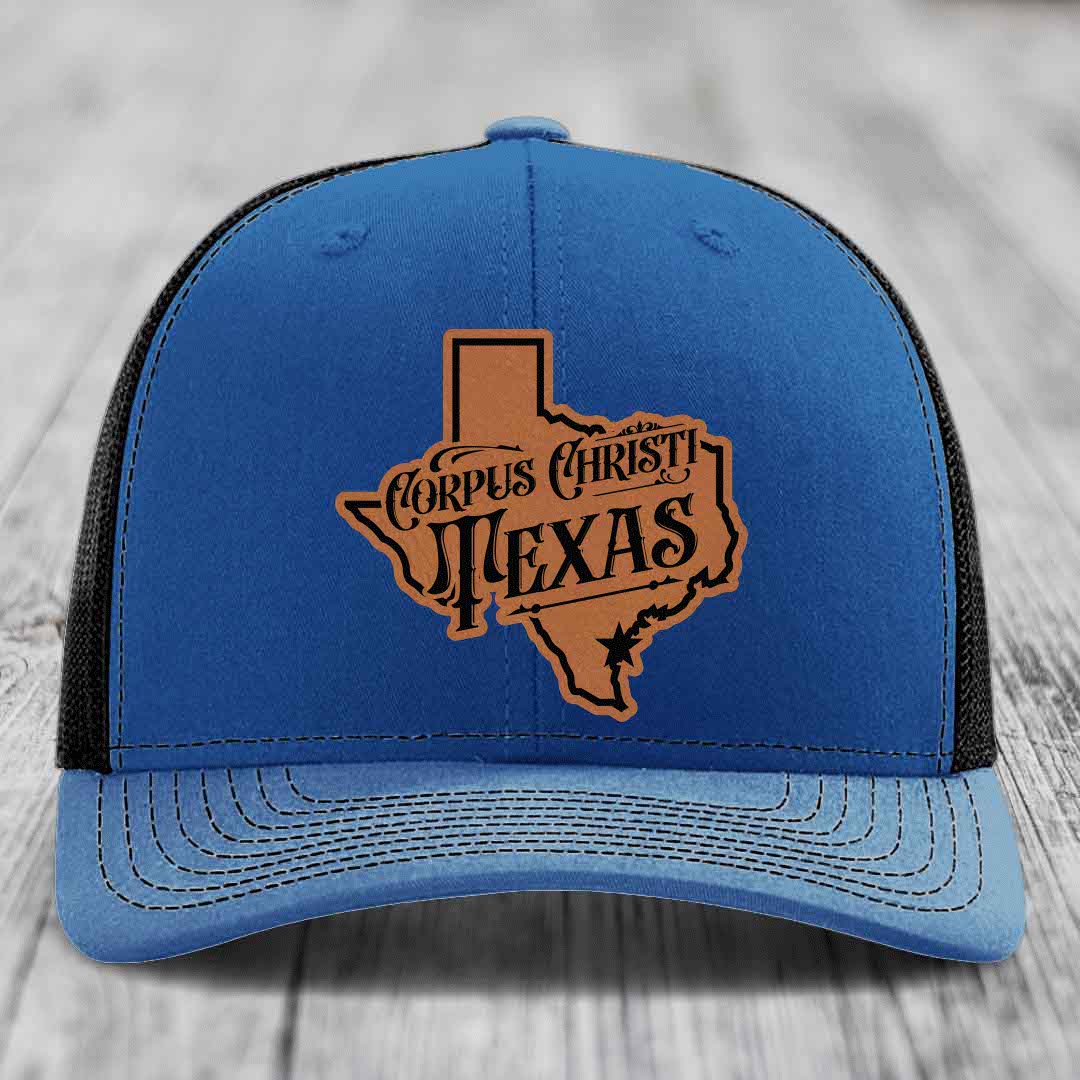 Corpus Christi Texas (Deluxe) - Leather Patch Hat - Rawhide to Black Patch - Richardson 112 Snapback Trucker Hat