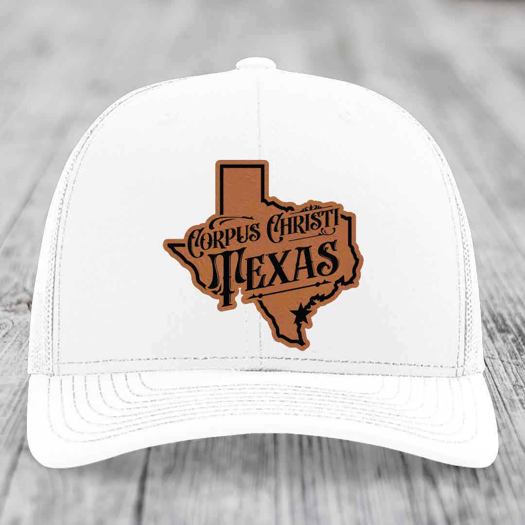 Corpus Christi Texas (Deluxe) - Leather Patch Hat - Rawhide to Black Patch - Richardson 112 Snapback Trucker Hat