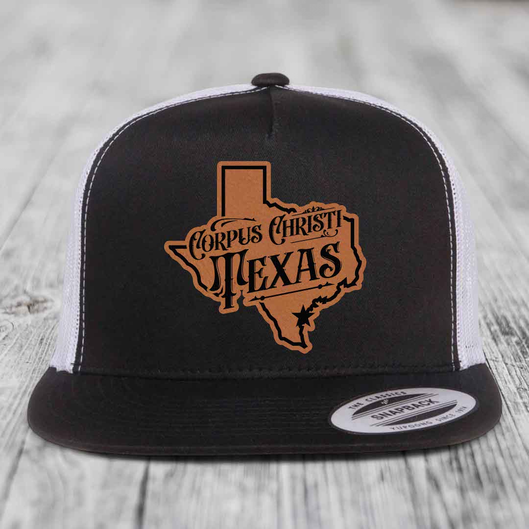 Corpus Christi Texas (Deluxe) - Leather Patch Hat - Rawhide to Black Patch - Yupoong 6006 Snapback Flatbill Hat