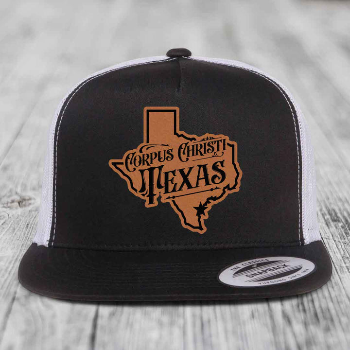 Corpus Christi Texas (Deluxe) - Leather Patch Hat - Rawhide to Black Patch - Yupoong 6006 Snapback Flatbill Hat