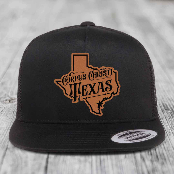 Corpus Christi Texas (Deluxe) - Leather Patch Hat - Rawhide to Black Patch - Yupoong 6006 Snapback Flatbill Hat