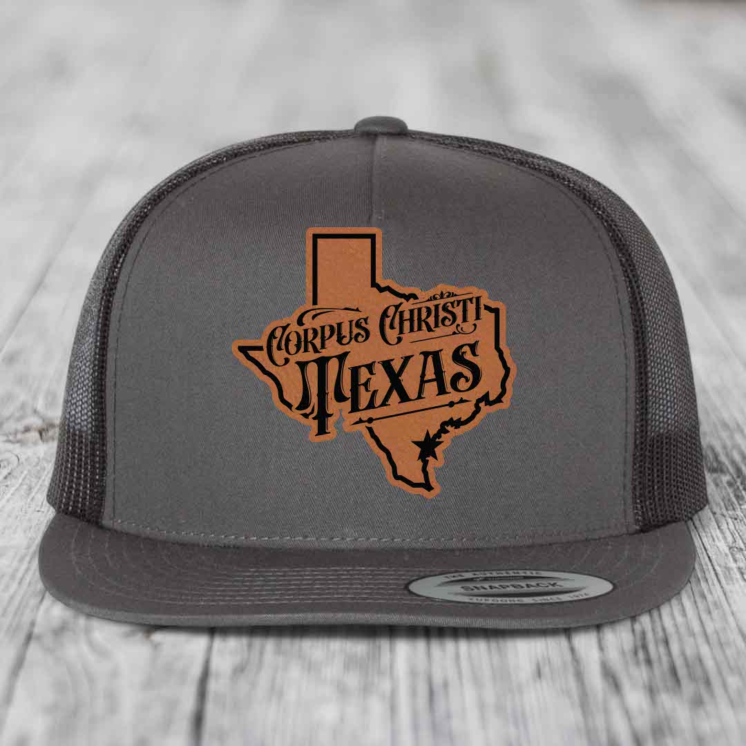 Corpus Christi Texas (Deluxe) - Leather Patch Hat - Rawhide to Black Patch - Yupoong 6006 Snapback Flatbill Hat