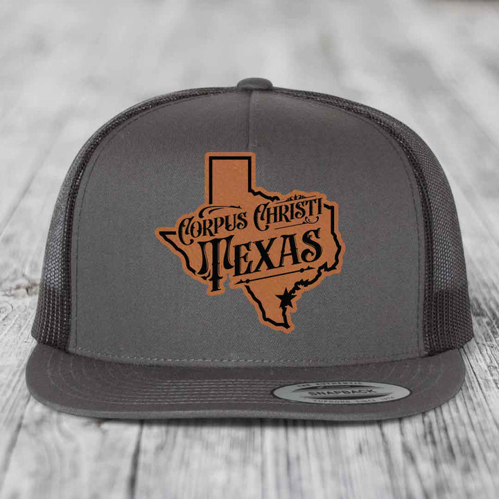 Corpus Christi Texas (Deluxe) - Leather Patch Hat - Rawhide to Black Patch - Yupoong 6006 Snapback Flatbill Hat