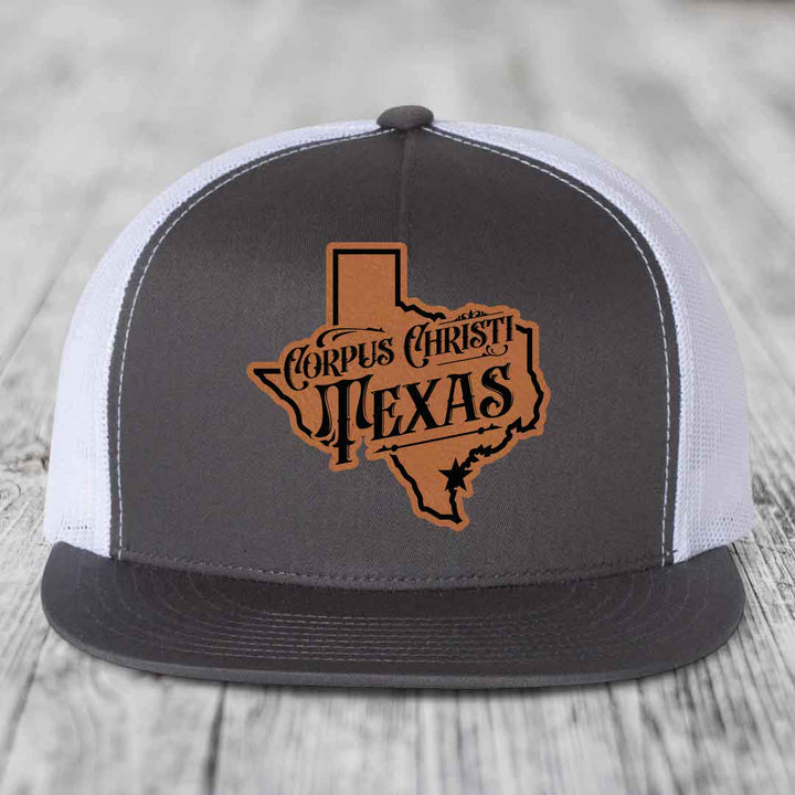 Corpus Christi Texas (Deluxe) - Leather Patch Hat - Rawhide to Black Patch - Yupoong 6006 Snapback Flatbill Hat