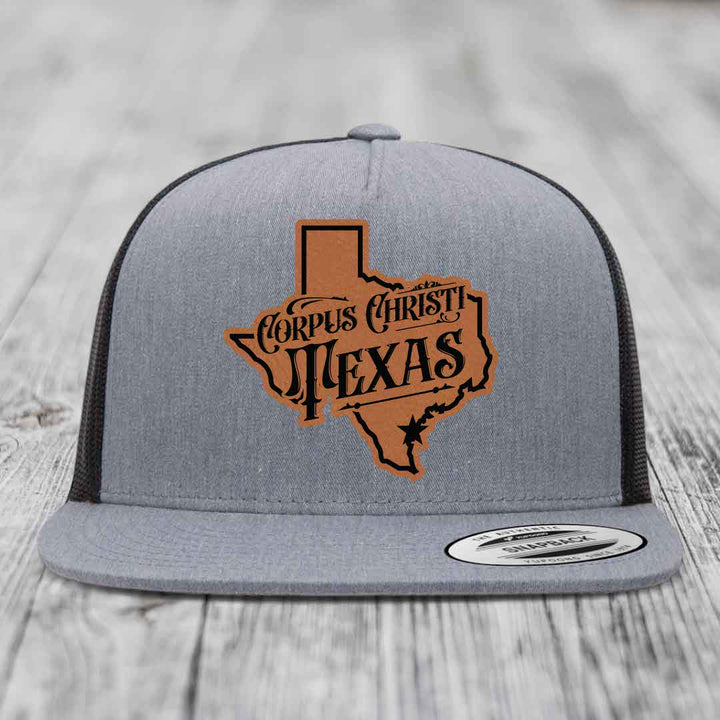 Corpus Christi Texas (Deluxe) - Leather Patch Hat - Rawhide to Black Patch - Yupoong 6006 Snapback Flatbill Hat
