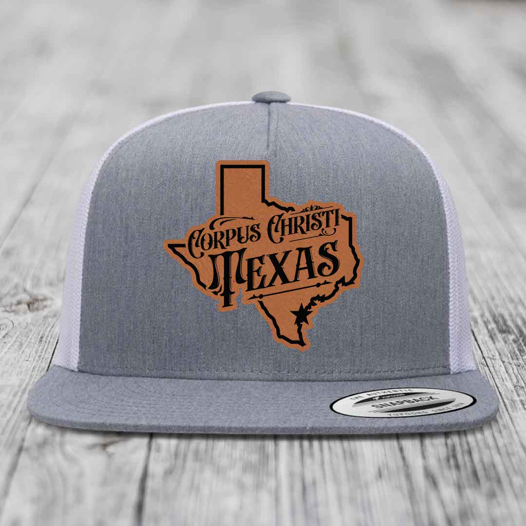 Corpus Christi Texas (Deluxe) - Leather Patch Hat - Rawhide to Black Patch - Yupoong 6006 Snapback Flatbill Hat