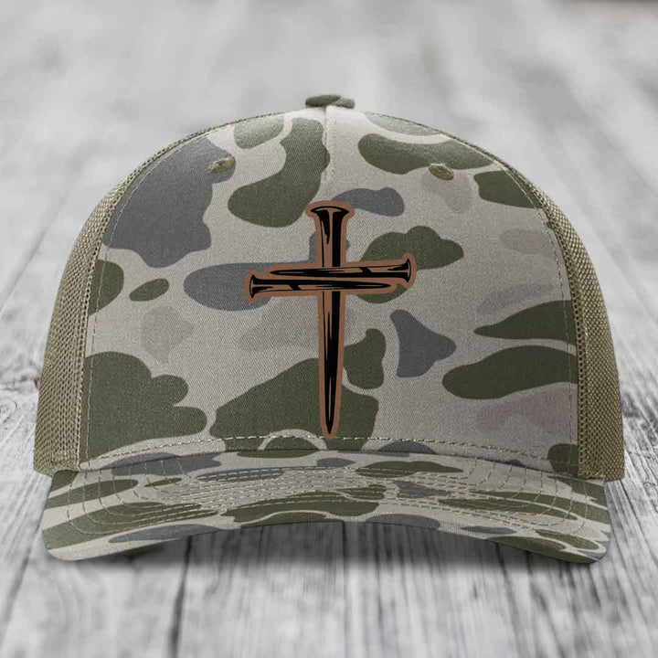 Cross of Nails - Leather Patch Hat - Dark Brown to Black Patch - Richardson 112PFP Snapback Trucker Hat