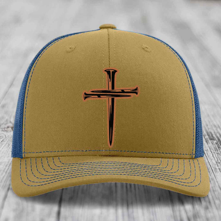 Cross of Nails - Leather Patch Hat - Rawhide to Black Patch - Richardson 112 Snapback Trucker Hat