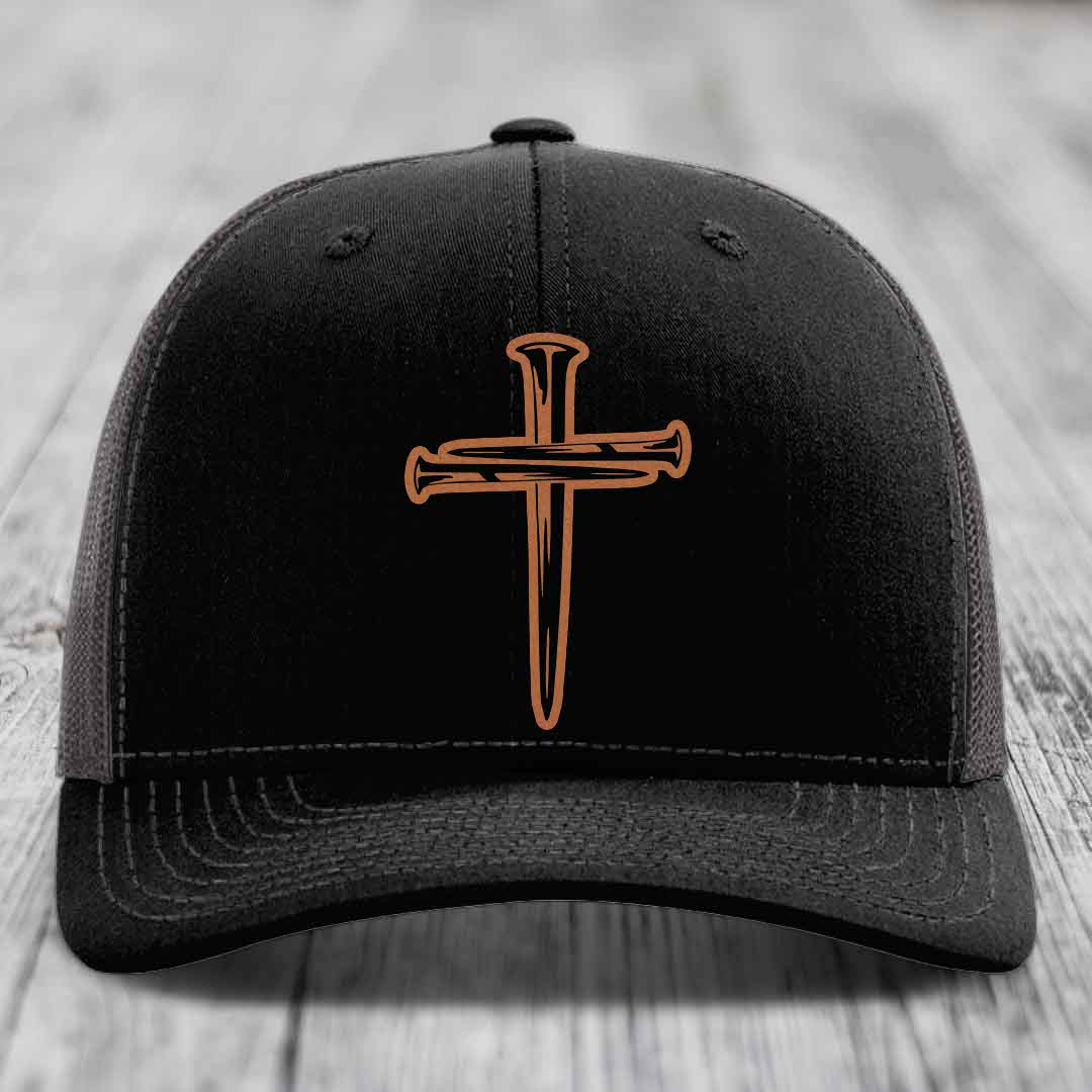 Cross of Nails - Leather Patch Hat - Rawhide to Black Patch - Richardson 112 Snapback Trucker Hat