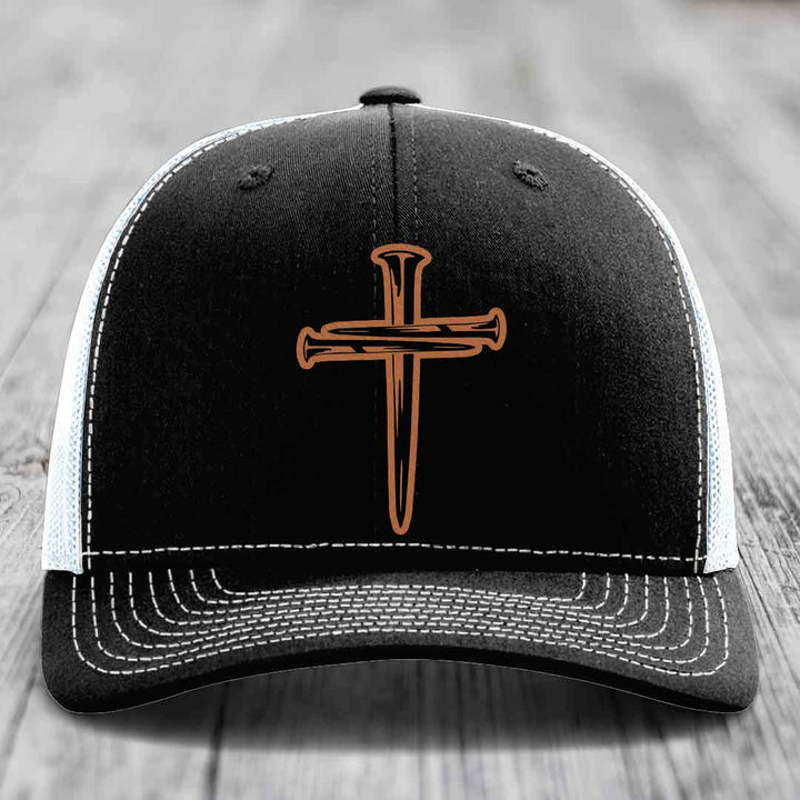 Cross of Nails - Leather Patch Hat - Rawhide to Black Patch - Richardson 112 Snapback Trucker Hat