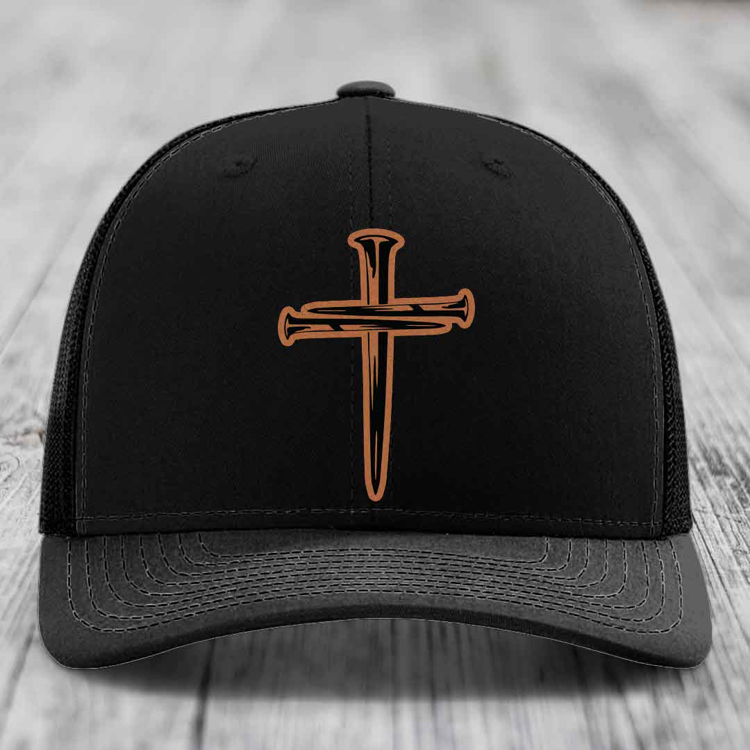 Cross of Nails - Leather Patch Hat - Rawhide to Black Patch - Richardson 112 Snapback Trucker Hat