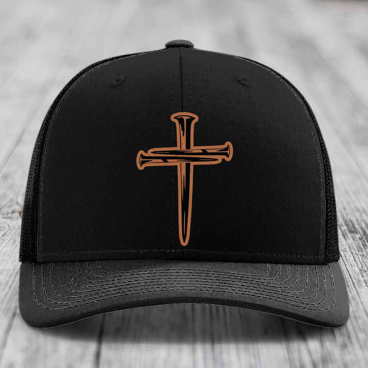 Cross of Nails - Leather Patch Hat - Rawhide to Black Patch - Richardson 112 Snapback Trucker Hat