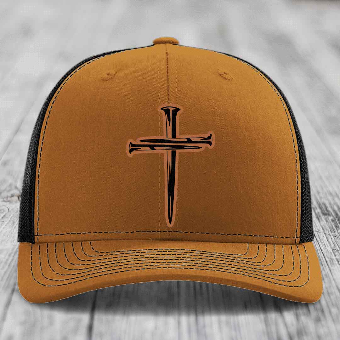 Cross of Nails - Leather Patch Hat - Rawhide to Black Patch - Richardson 112 Snapback Trucker Hat