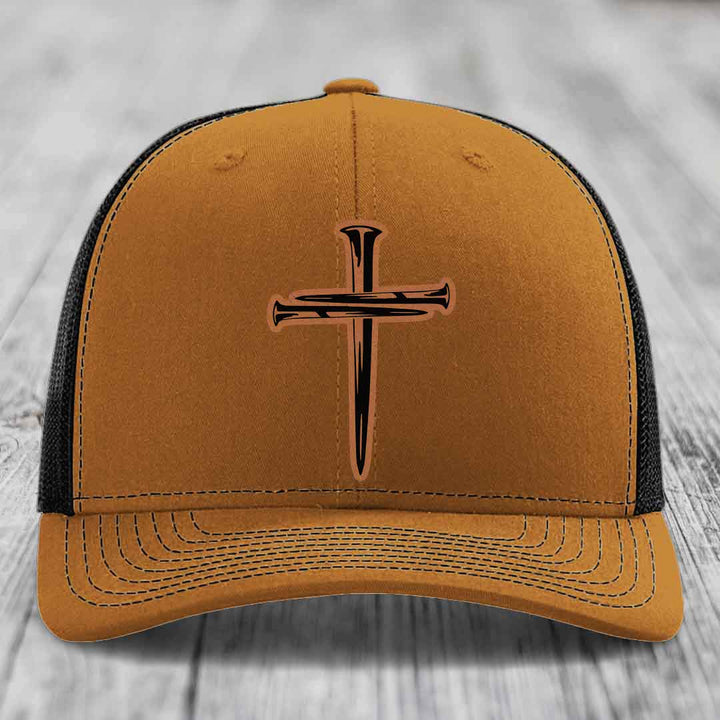 Cross of Nails - Leather Patch Hat - Rawhide to Black Patch - Richardson 112 Snapback Trucker Hat