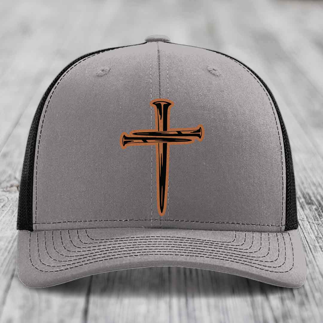 Cross of Nails - Leather Patch Hat - Rawhide to Black Patch - Richardson 112 Snapback Trucker Hat