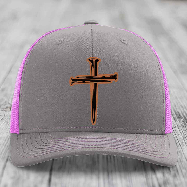 Cross of Nails - Leather Patch Hat - Rawhide to Black Patch - Richardson 112 Snapback Trucker Hat