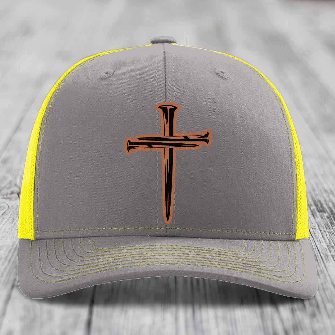 Cross of Nails - Leather Patch Hat - Rawhide to Black Patch - Richardson 112 Snapback Trucker Hat