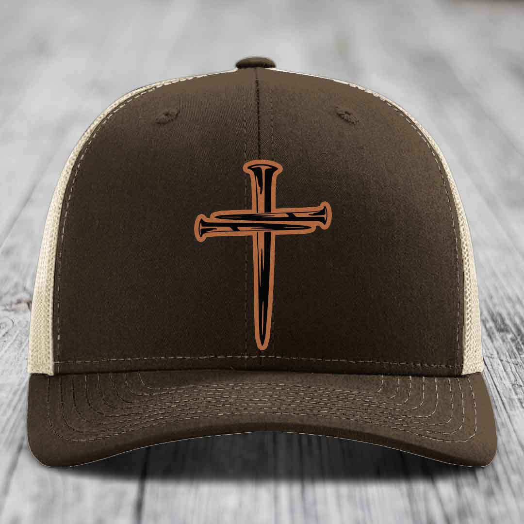 Cross of Nails - Leather Patch Hat - Rawhide to Black Patch - Richardson 112 Snapback Trucker Hat