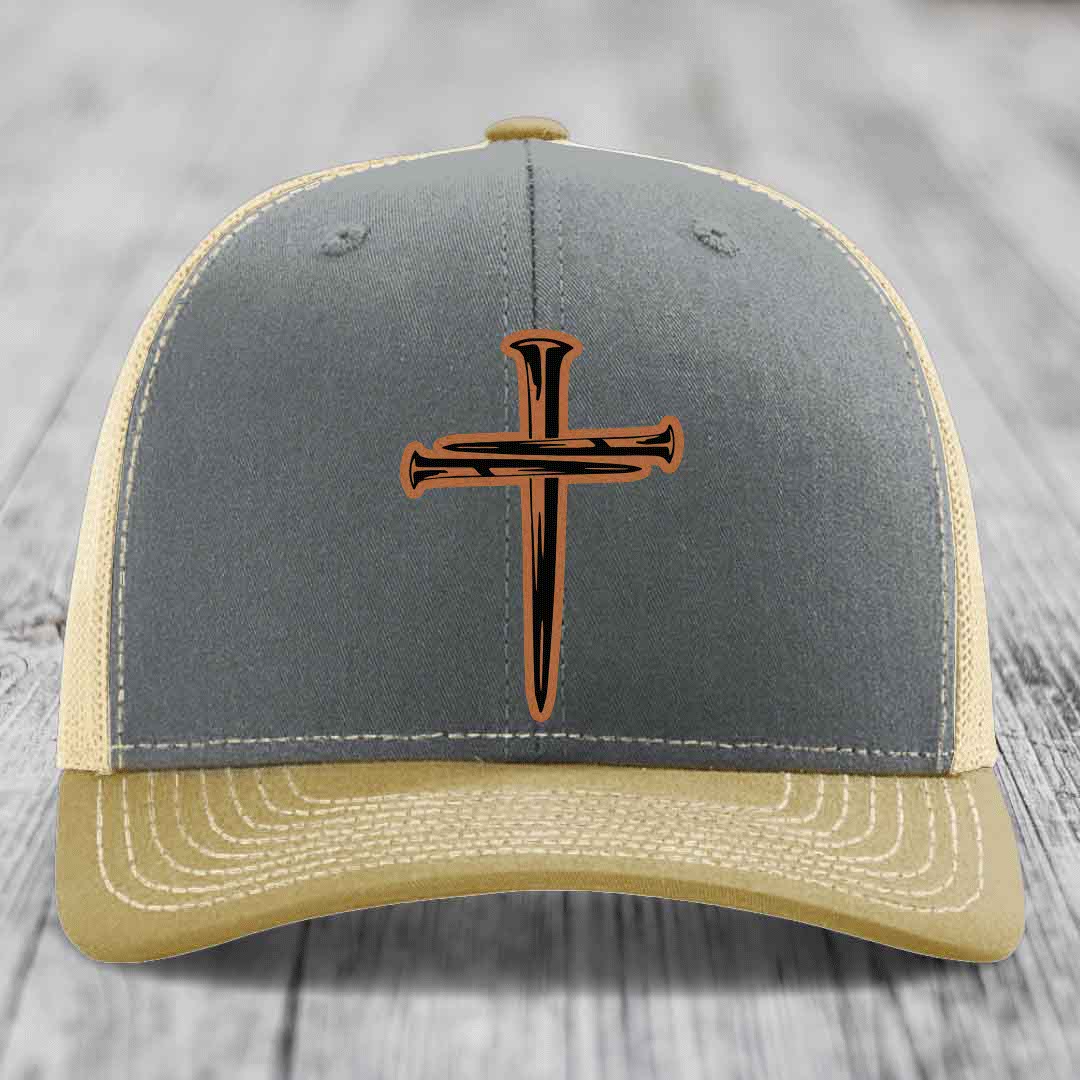 Cross of Nails - Leather Patch Hat - Rawhide to Black Patch - Richardson 112 Snapback Trucker Hat