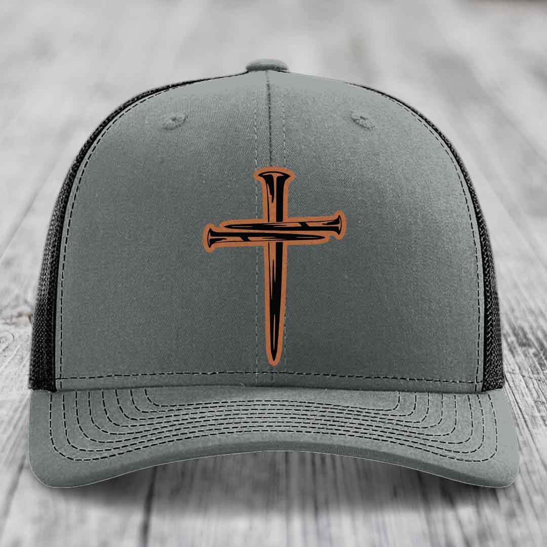 Cross of Nails - Leather Patch Hat - Rawhide to Black Patch - Richardson 112 Snapback Trucker Hat