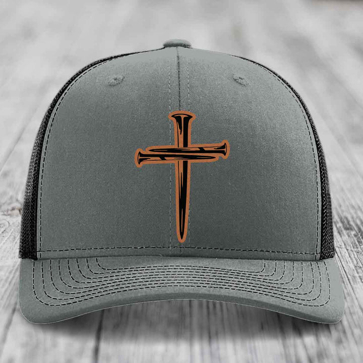 Cross of Nails - Leather Patch Hat - Rawhide to Black Patch - Richardson 112 Snapback Trucker Hat