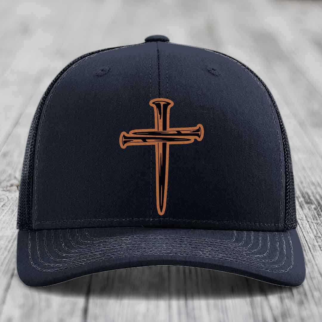 Cross of Nails - Leather Patch Hat - Rawhide to Black Patch - Richardson 112 Snapback Trucker Hat