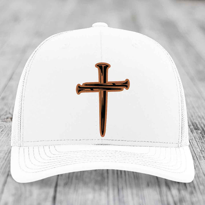 Cross of Nails - Leather Patch Hat - Rawhide to Black Patch - Richardson 112 Snapback Trucker Hat