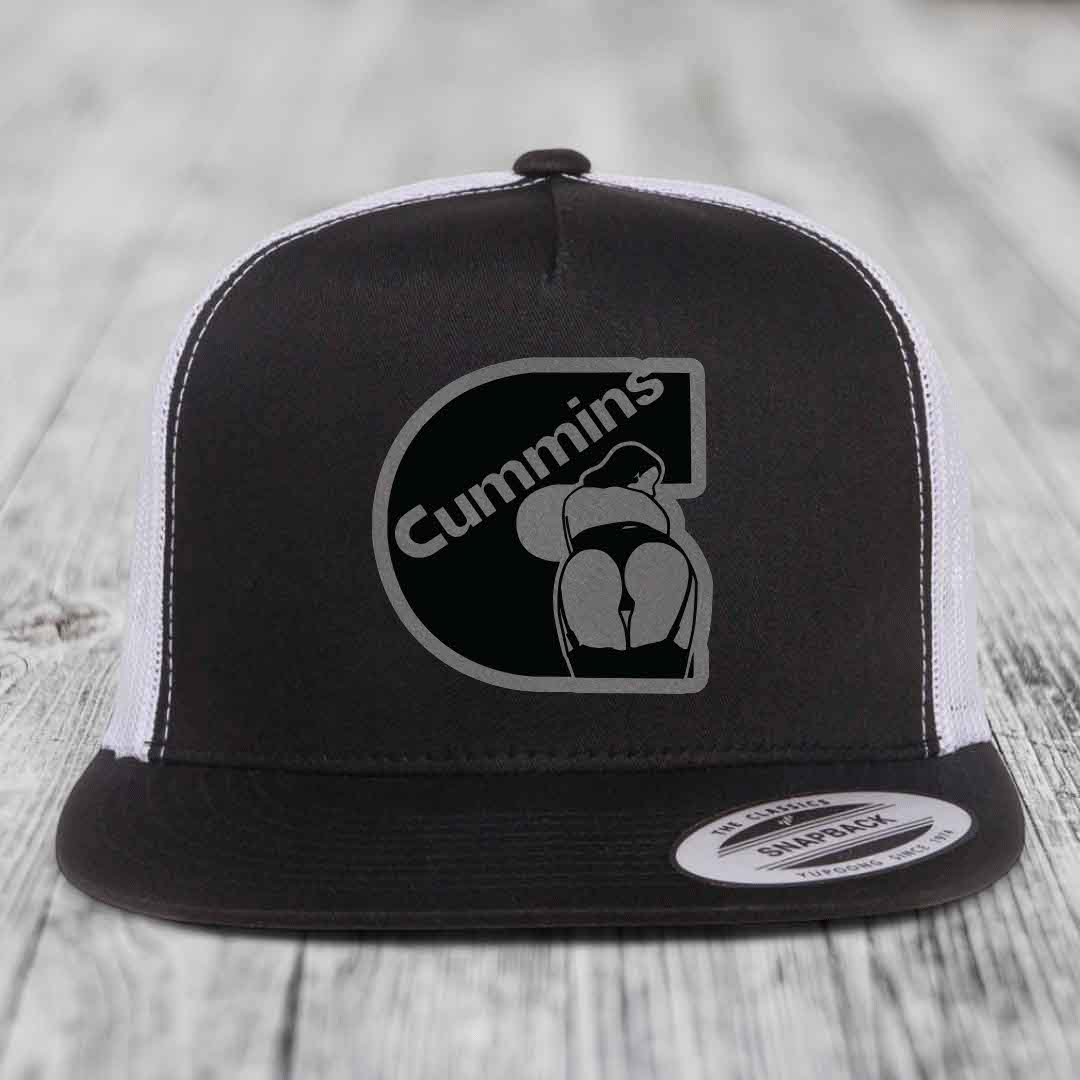 Grey trucker hat with black Cummins logo patch featuring a stylized figure.