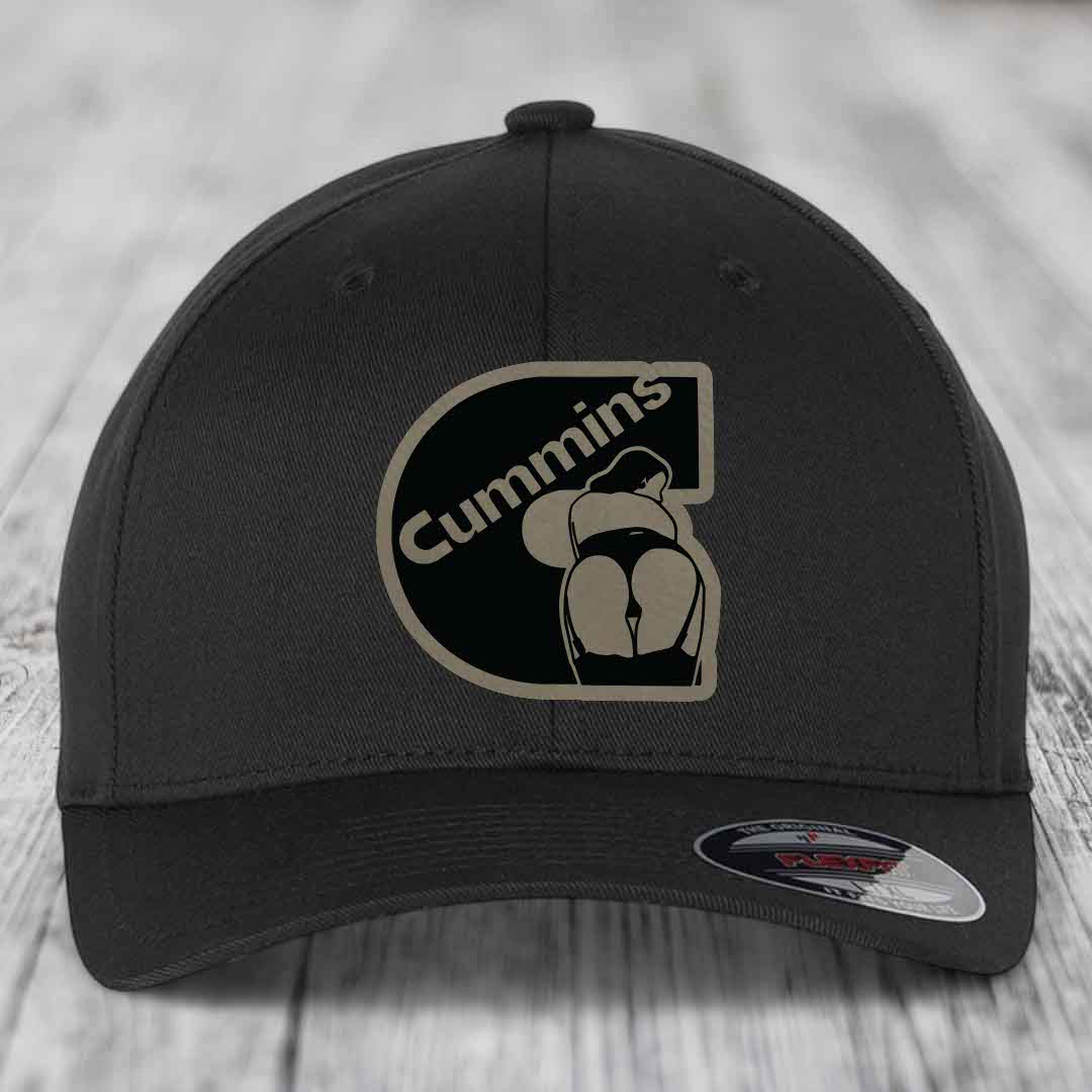 Tan baseball cap with black Cummins logo patch featuring a stylized engine graphic.