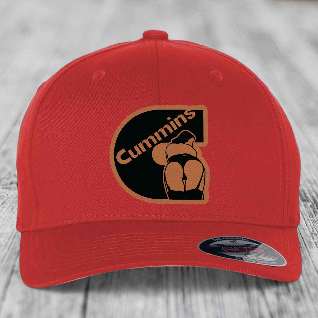 Black baseball cap with brown leather patch featuring &
