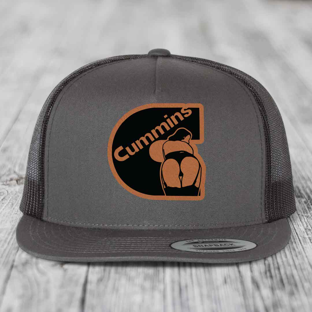 Grey trucker hat with brown leather patch featuring &