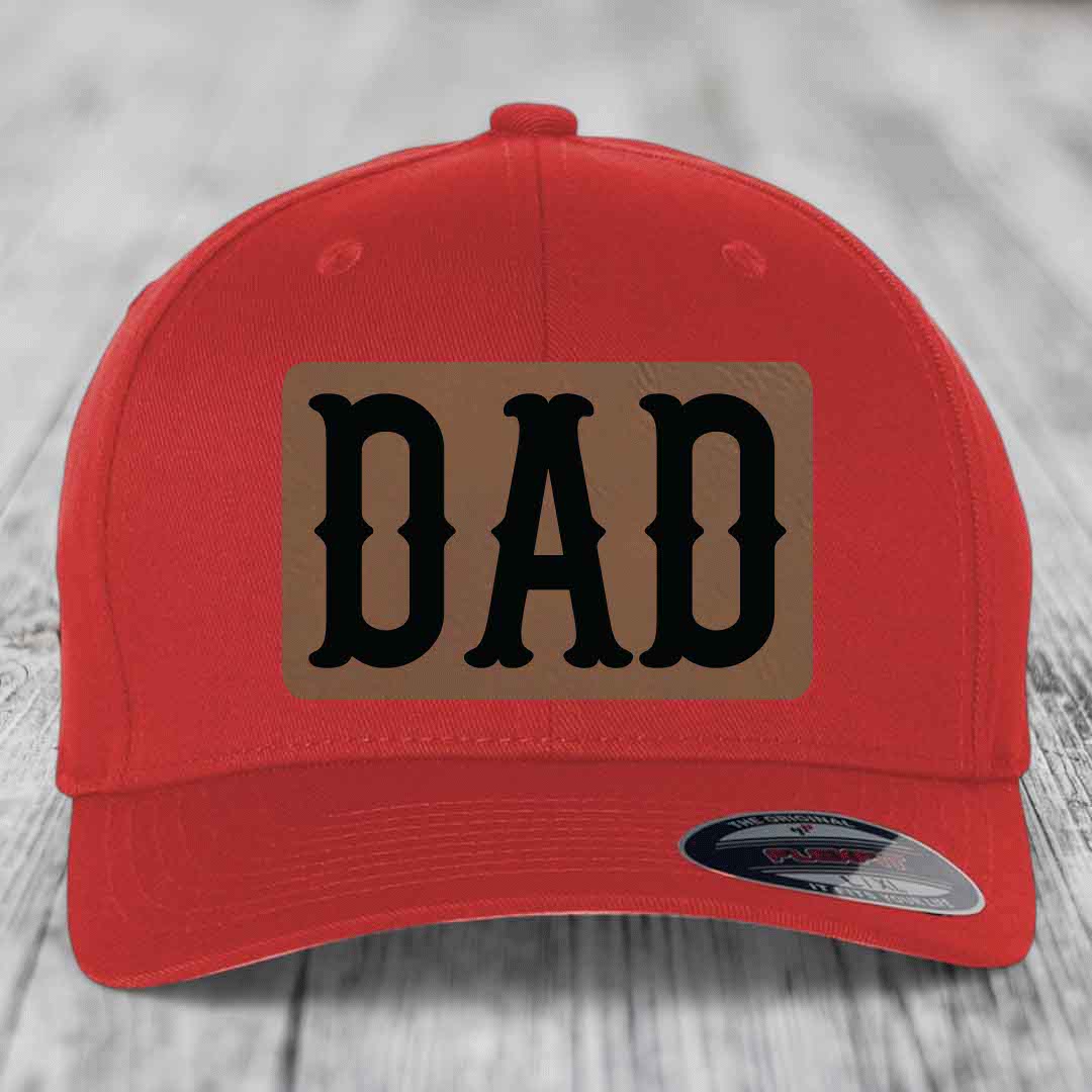 Black trucker hat with brown leatherette patch reading &