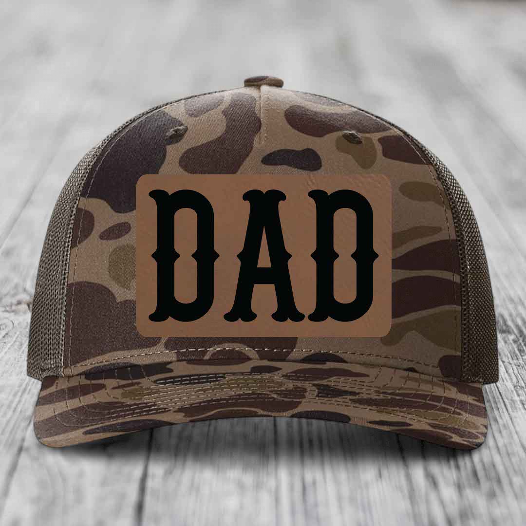 Dad - Leather Patch Hat - Dark Brown to Black Patch - Richardson 112PFP Snapback Trucker Hat