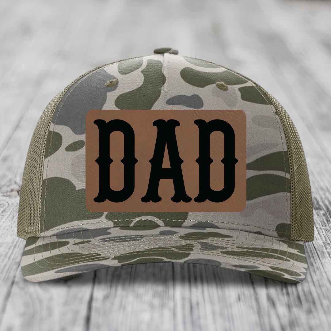 Dad - Leather Patch Hat - Dark Brown to Black Patch - Richardson 112PFP Snapback Trucker Hat