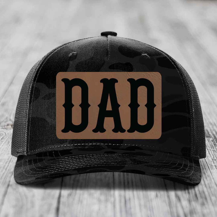 Dad - Leather Patch Hat - Dark Brown to Black Patch - Richardson 112PFP Snapback Trucker Hat