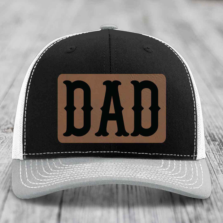 Dad - Leather Patch Hat - Dark Brown to Black Patch - Richardson 112 Snapback Trucker Hat