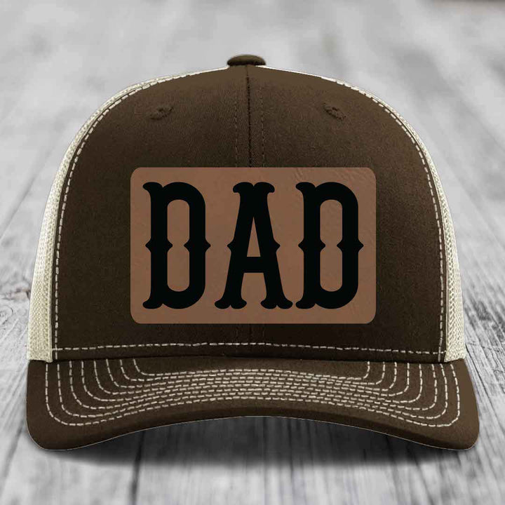 Dad - Leather Patch Hat - Dark Brown to Black Patch - Richardson 112 Snapback Trucker Hat