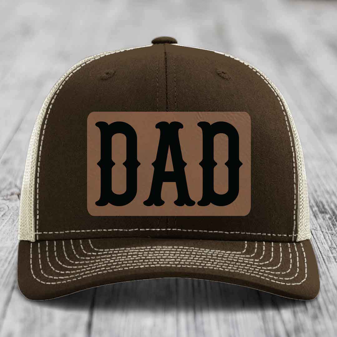 Tan trucker hat with black mesh back and &