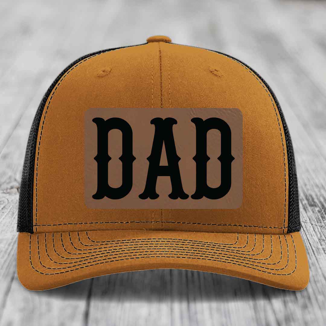 Dad - Leather Patch Hat - Dark Brown to Black Patch - Richardson 112 Snapback Trucker Hat