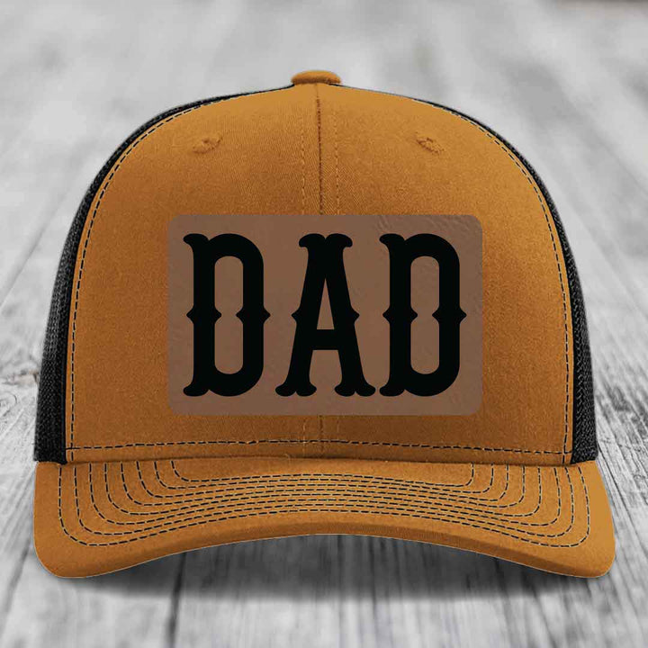 Dad - Leather Patch Hat - Dark Brown to Black Patch - Richardson 112 Snapback Trucker Hat