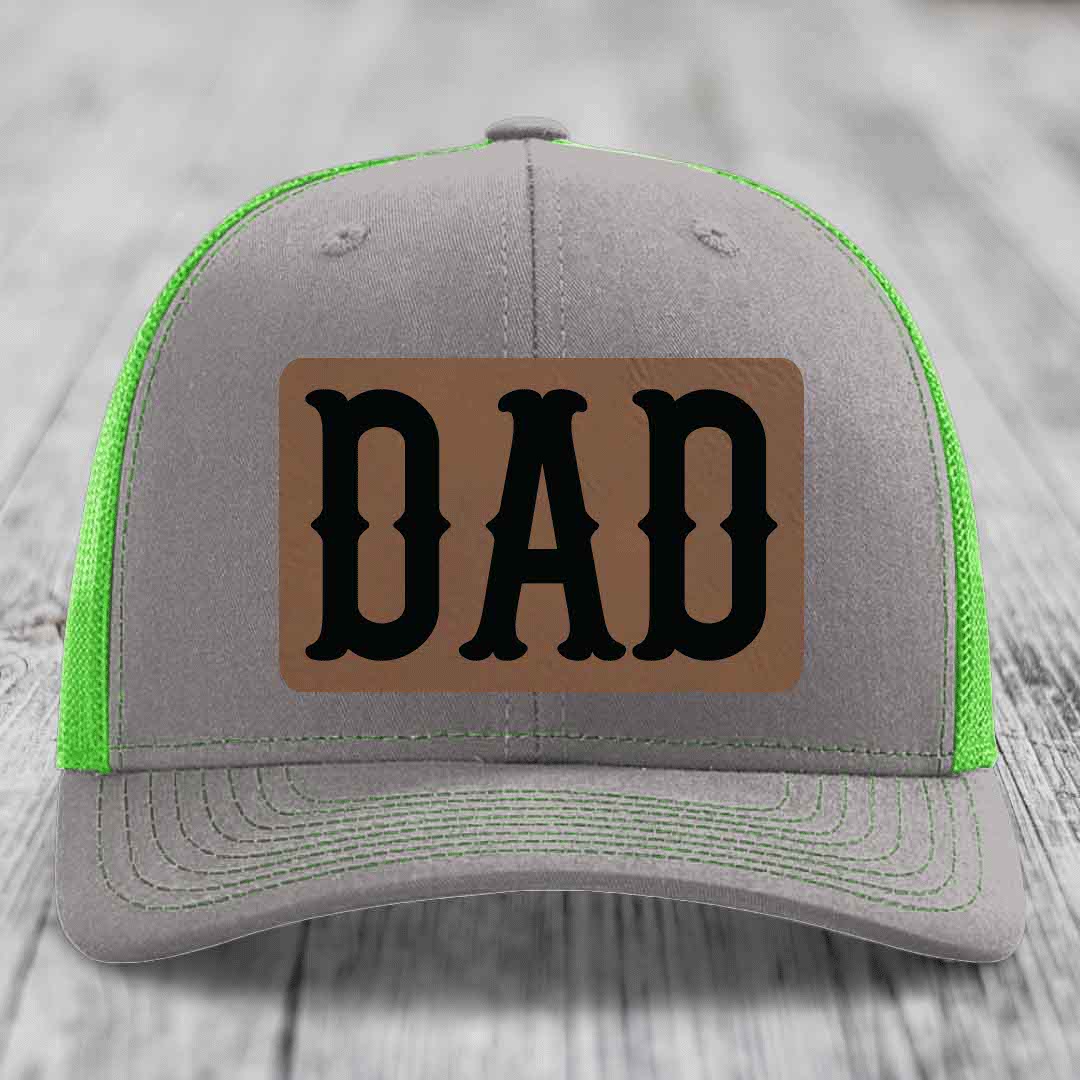 Dad - Leather Patch Hat - Dark Brown to Black Patch - Richardson 112 Snapback Trucker Hat