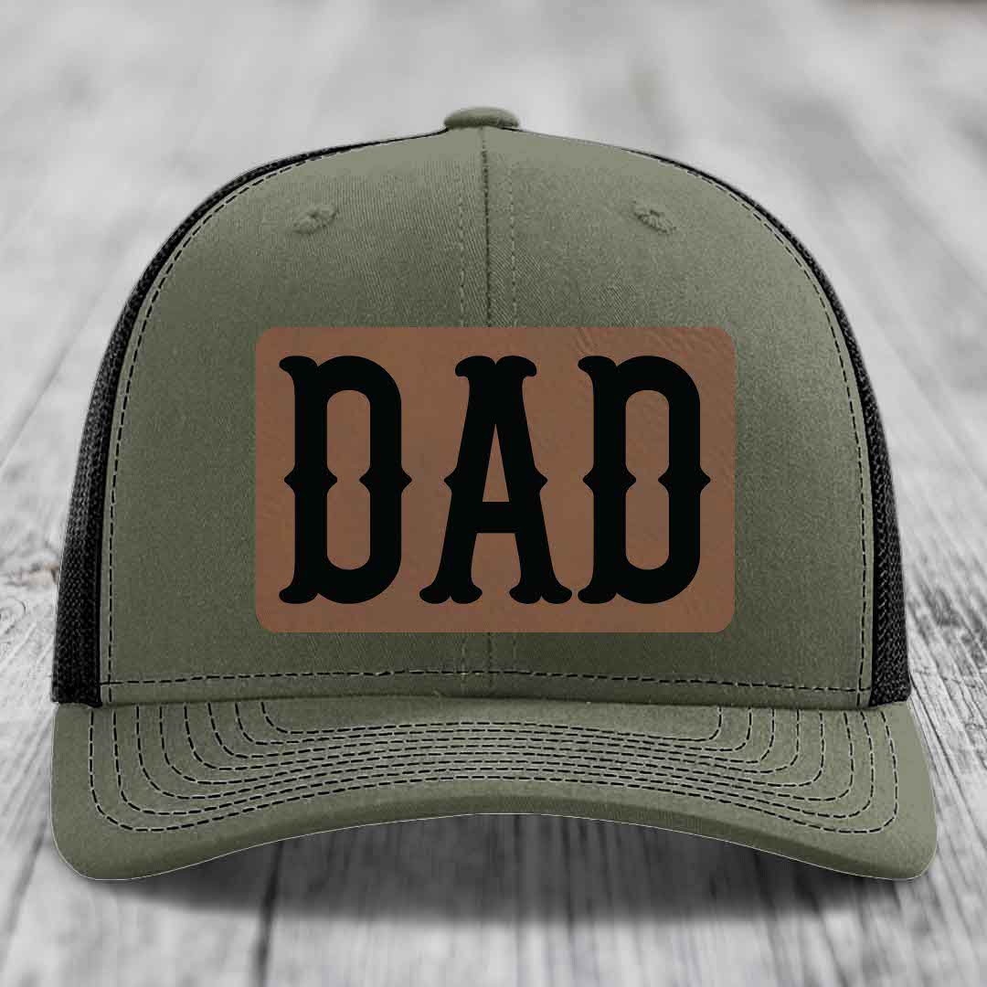Dad - Leather Patch Hat - Dark Brown to Black Patch - Richardson 112 Snapback Trucker Hat