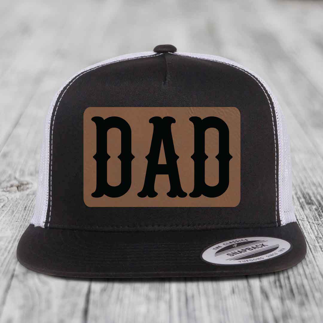 Dad - Leather Patch Hat - Dark Brown to Black Patch - Yupoong 6006 Snapback Flatbill Hat
