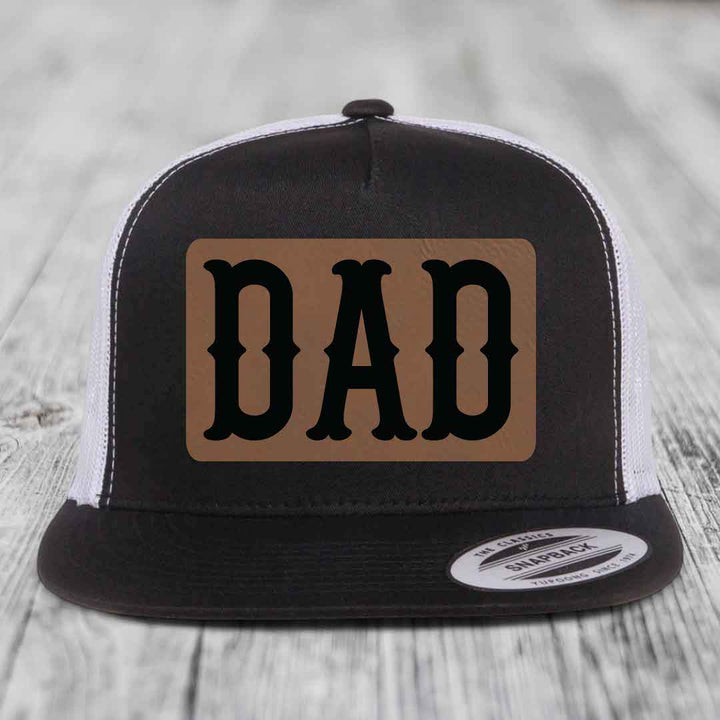 Dad - Leather Patch Hat - Dark Brown to Black Patch - Yupoong 6006 Snapback Flatbill Hat