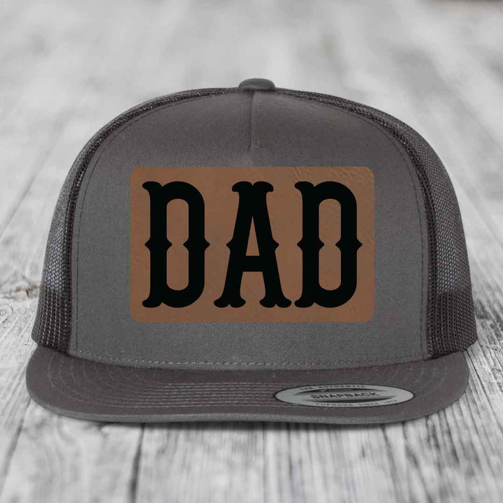 Dad - Leather Patch Hat - Dark Brown to Black Patch - Yupoong 6006 Snapback Flatbill Hat
